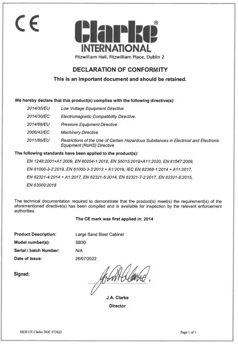 Clarke SB30 Sand Blast Cabinet - CE