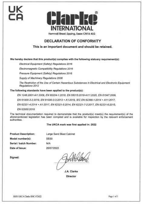 Clarke SB30 Sand Blast Cabinet - UKCA