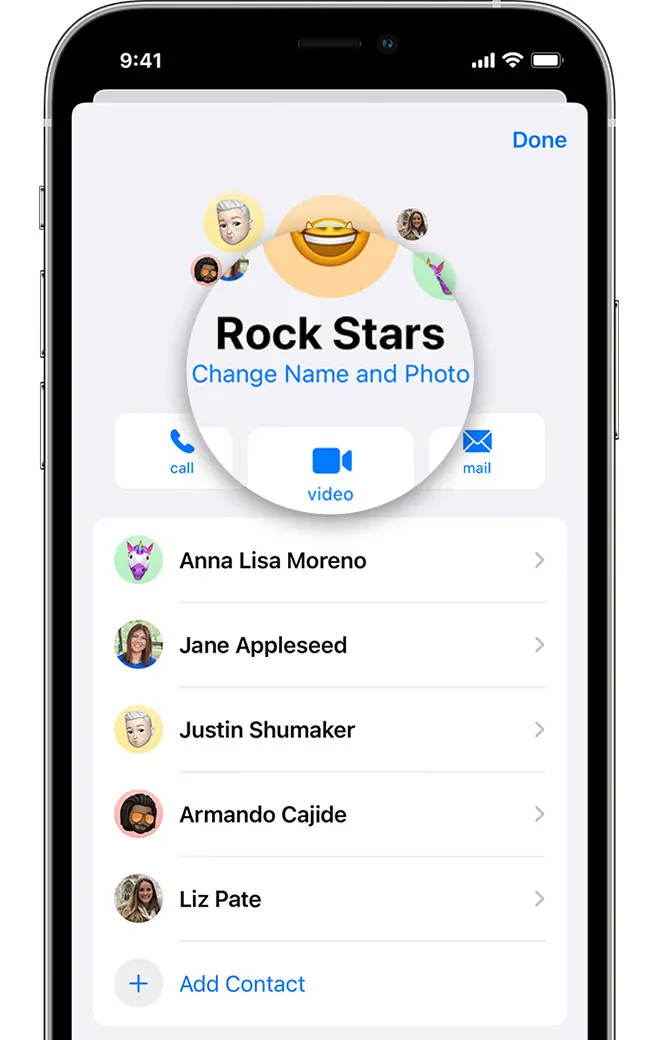 iPhone showing how to change name and photo of group text