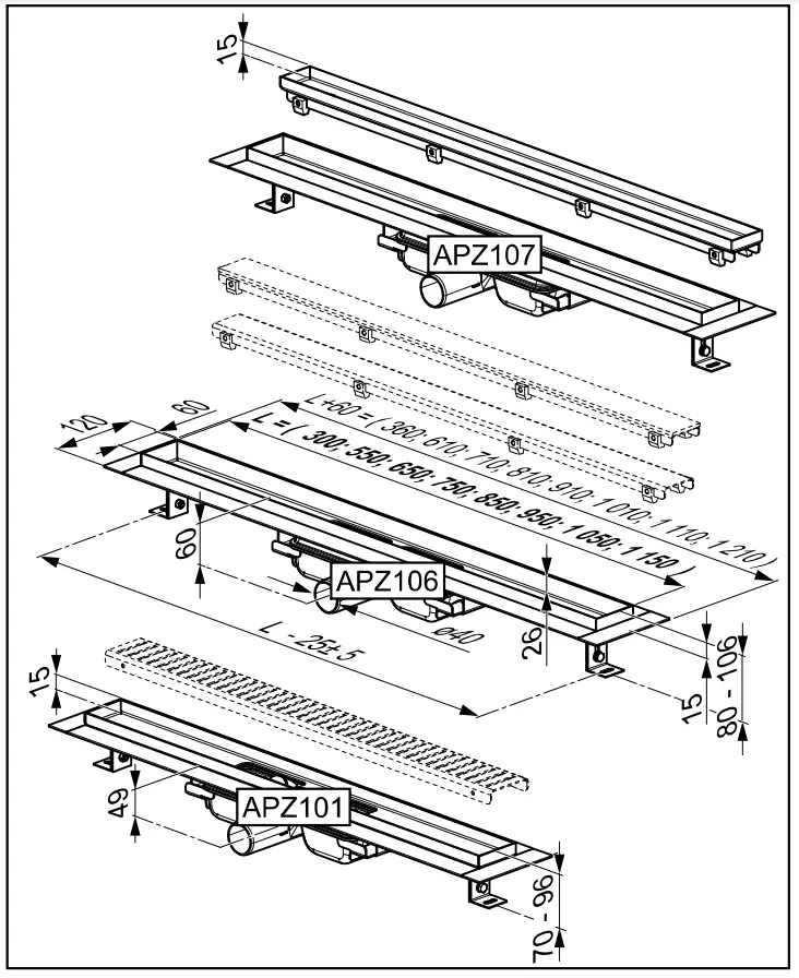 ALCA PLAST APZ107 650mm SIMPLE Linear Drain Plastic fig