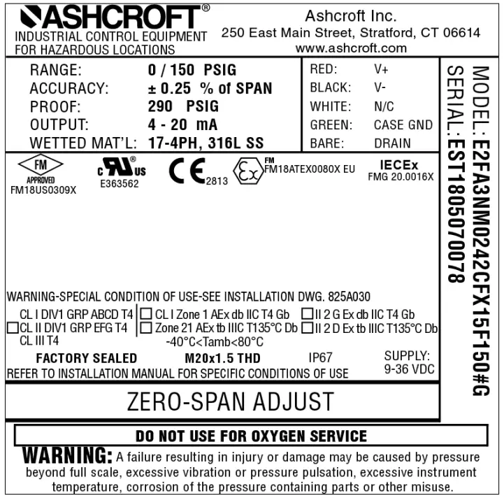 ASHCROFT E2F Explosion Proof Flameproof Pressure Transducer fig 2