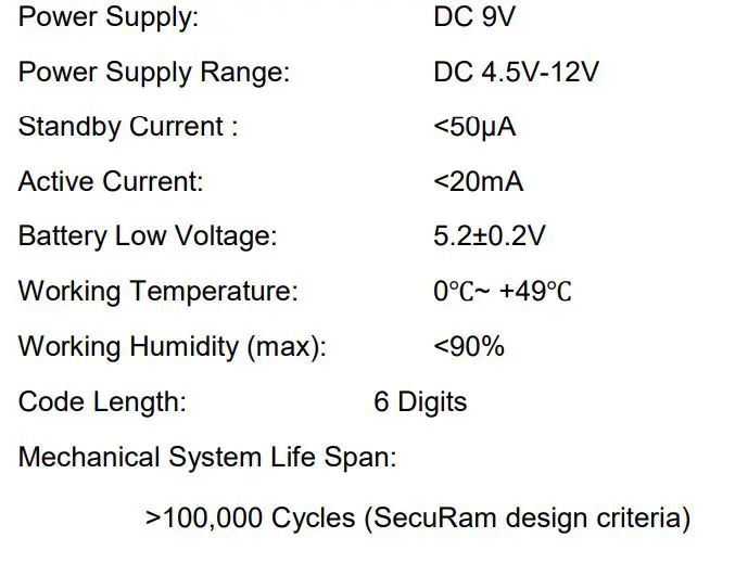 SecuRAM SafeLogic Basic EC-0601A Series EntryPad - Specifications