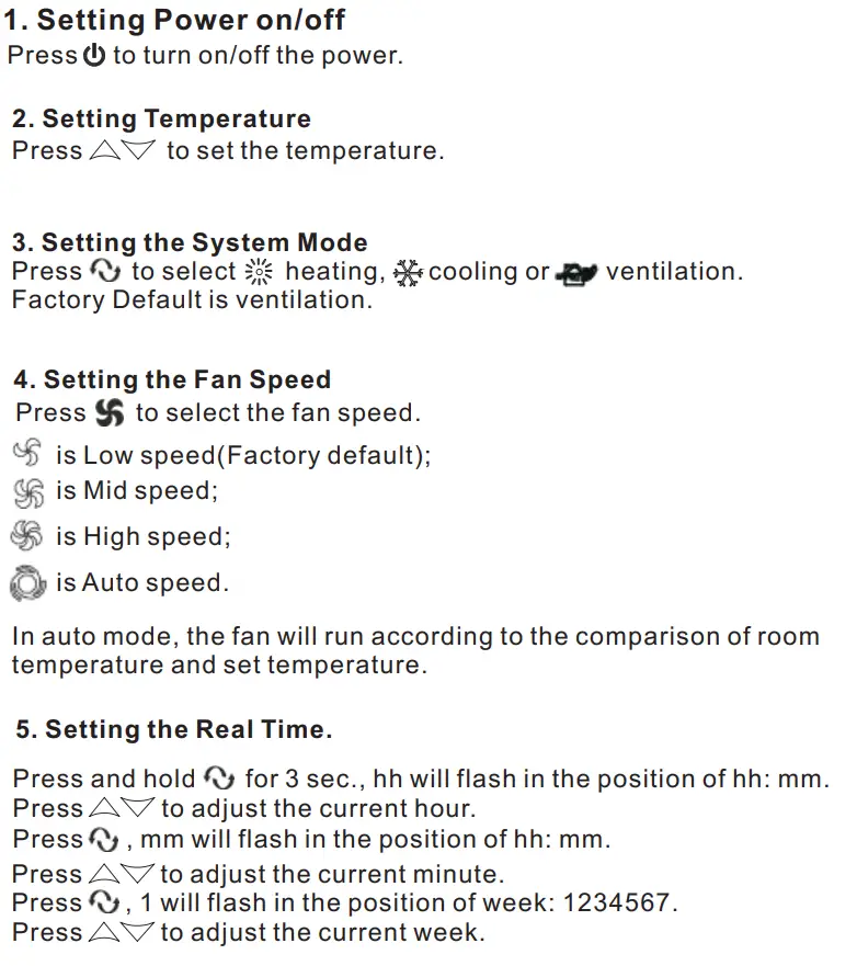 BEOK TGT70 WiFi Fan Coil Thermostat Instruction Manual - Thermostat Operation Instruction