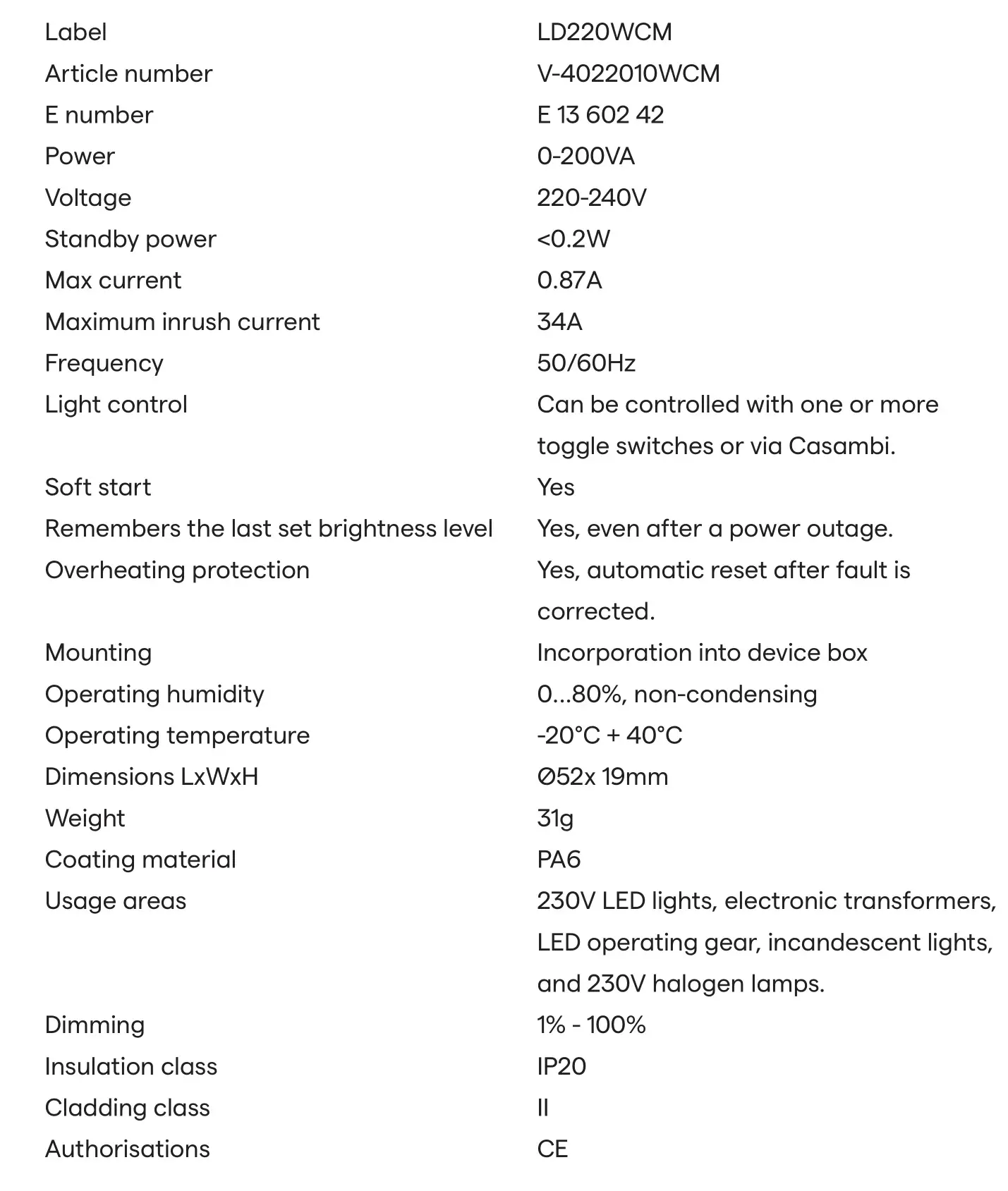 VADSBO LD220WCM Bluetooth Dimmer - Technical data