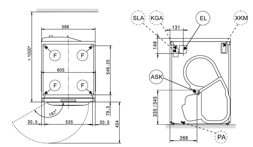 Miele PDR 507 HP Heat-Pump Dryer Installation Guide - Appliance dimensions