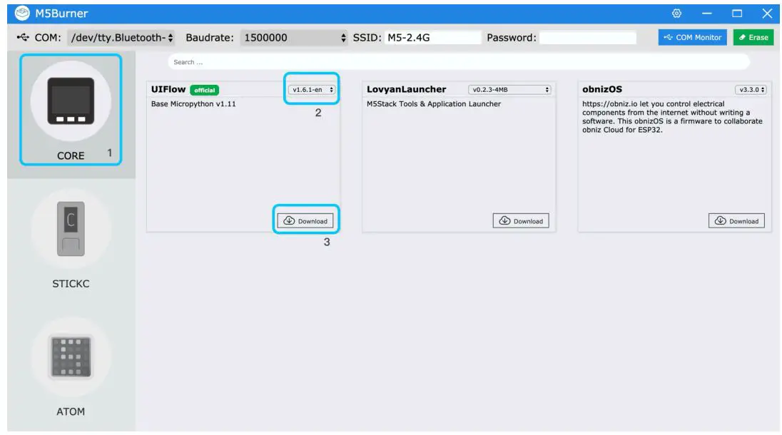 M5STACK ESP32 CORE2 IoT Development Kit User Manual - Double-click to open the Burner burning tool