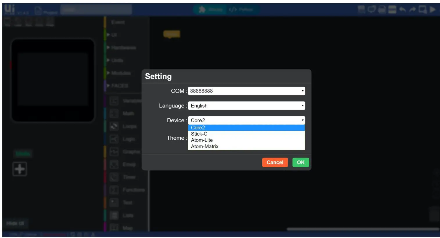 M5STACK ESP32 CORE2 IoT Development Kit User Manual - Select the corresponding port, and the programming device