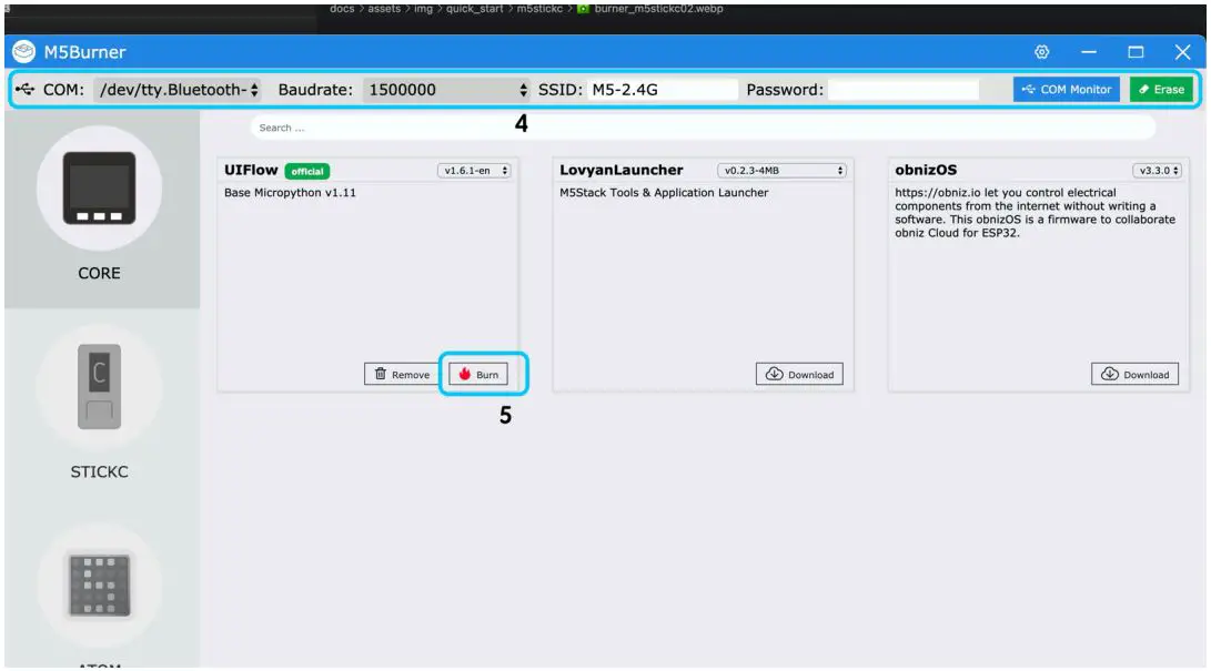 M5STACK ESP32 CORE2 IoT Development Kit User Manual - Then connect the M5 device to the computer through the Type-C cable