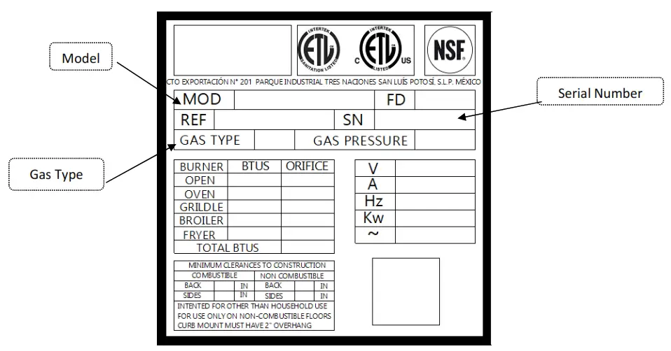 KUTANO KUT50FRN 50 S Gas Fryer - RATING PLATE