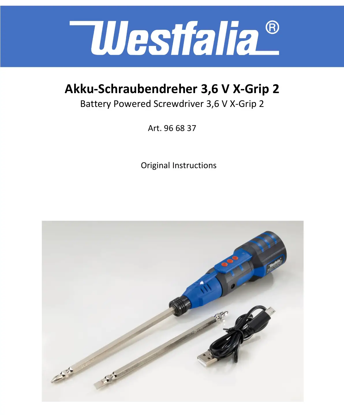 westfalia 96 68 37 Battery Powered Screwdriver Instruction Manual