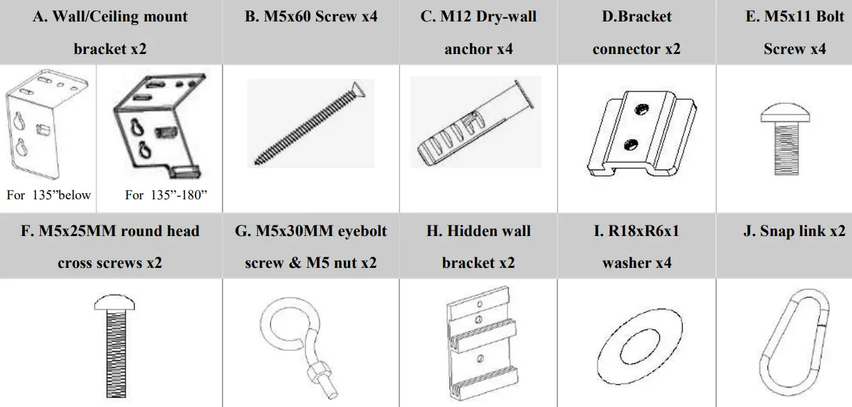 ELITE SCREENS SAKER SERIES Projector Screens - Hardware Parts List