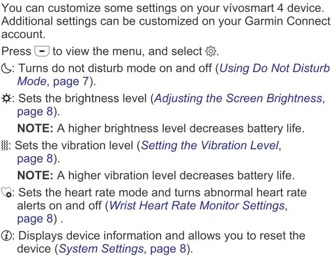 Garmin Vivosmart 4 - Device Settings