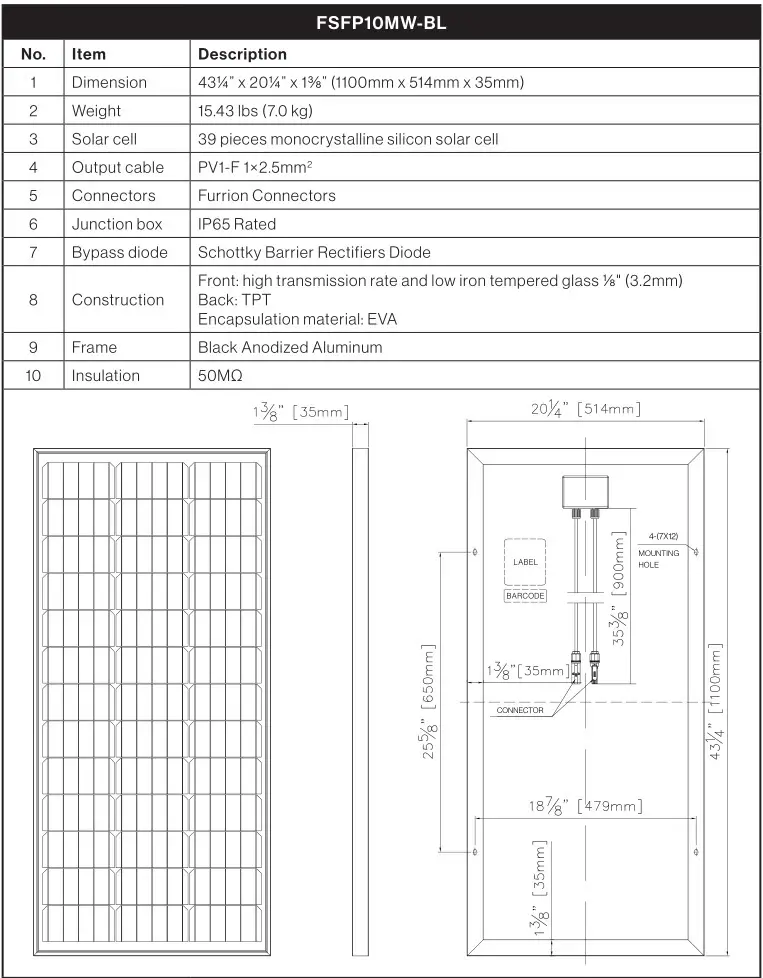 FURRION Rigid Solar Panels - Mechanical Parameters 1