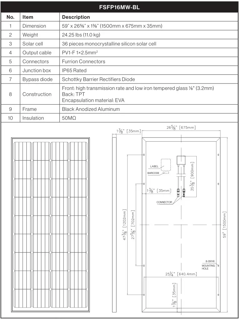 FURRION Rigid Solar Panels - Mechanical Parameters 2