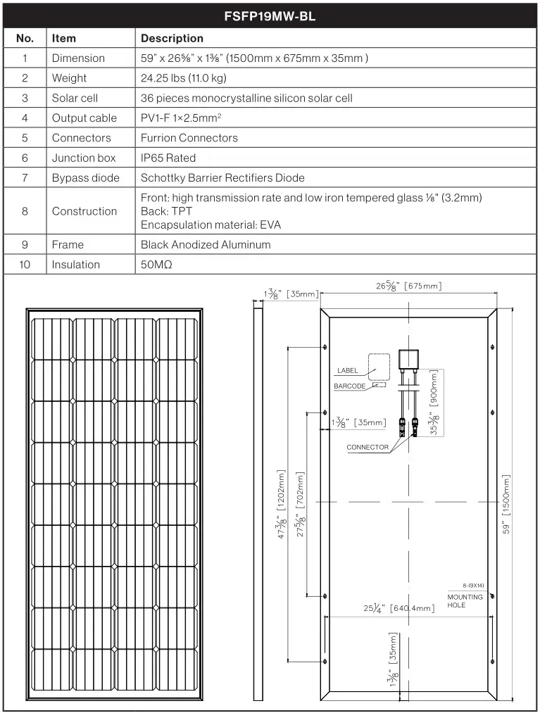 FURRION Rigid Solar Panels - Mechanical Parameters 3