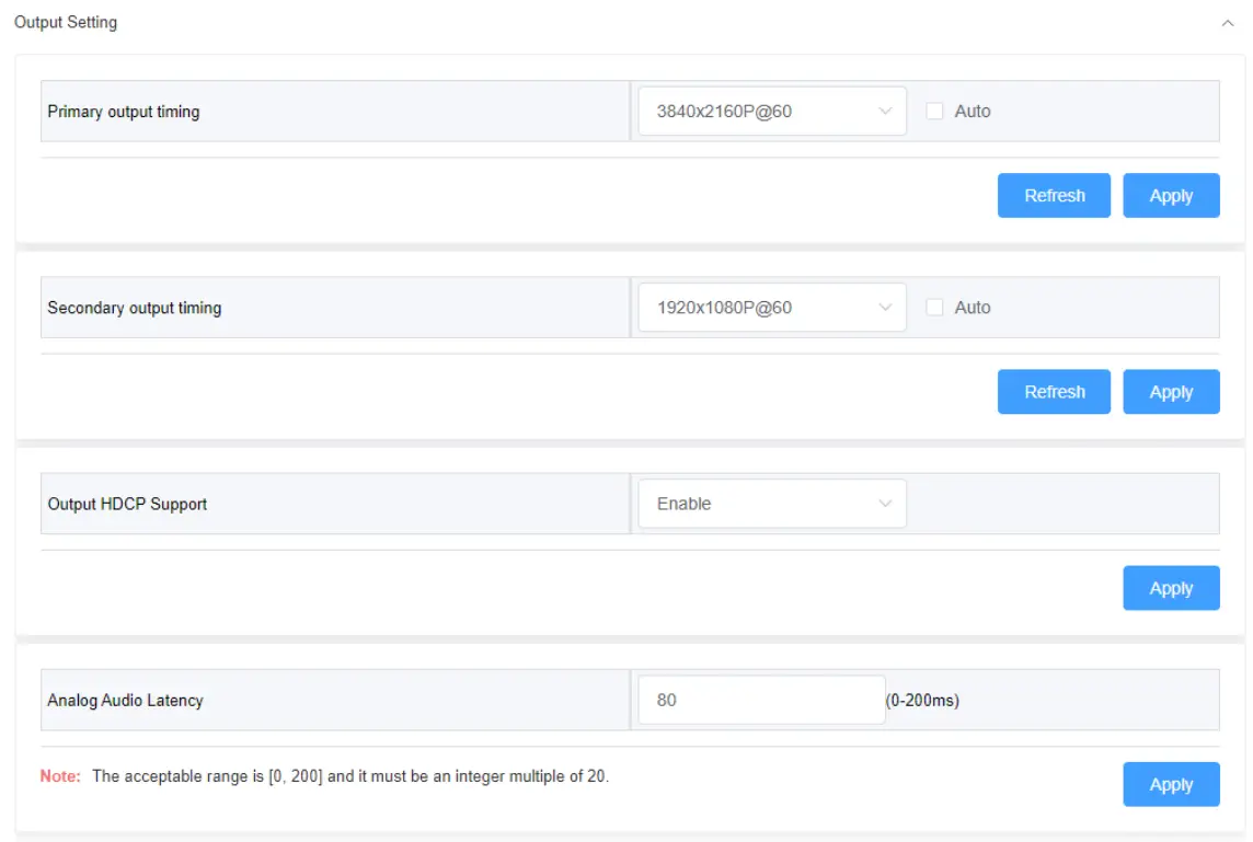 WyreStorm SW 540 TX W Switcher with Wireless Casting - Output Settings