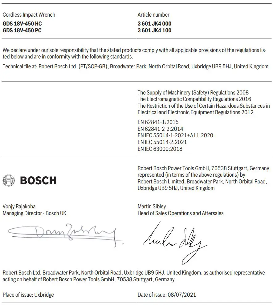 BOSCH 18V-450 HC Cordless Impact Wrench Instruction Manual - Declaration of Conformity