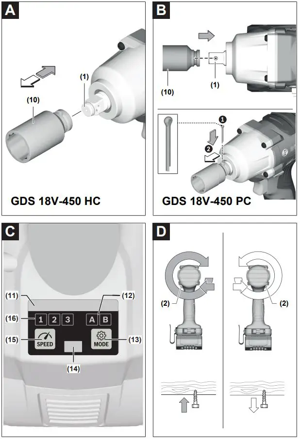 BOSCH 18V-450 HC Cordless Impact Wrench Instruction Manual - Fig, A,B,C,D