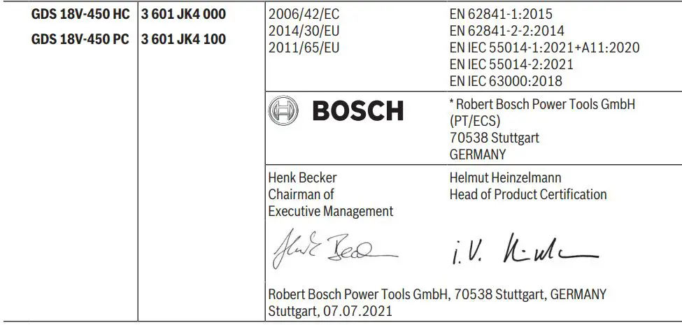 BOSCH 18V-450 HC Cordless Impact Wrench Instruction Manual - Signature
