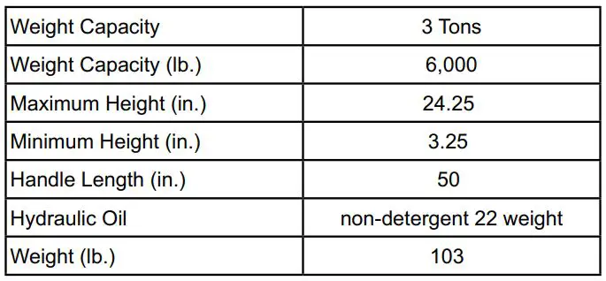 DAYTONA 56641 Long Reach Low Profile Heavy Duty Car Jack User Manual - Specifications