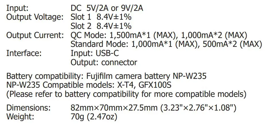 NITECORE FX3 USB Travel Fast Charger - Specifications