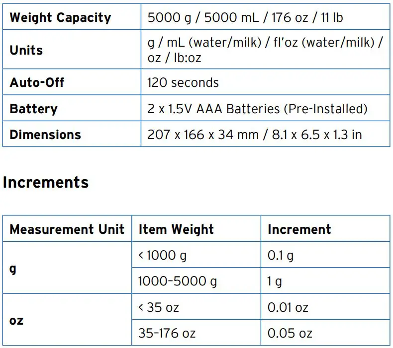 ETEKCITY EK9000 Digital Kitchen Scale User Manual - Specifications