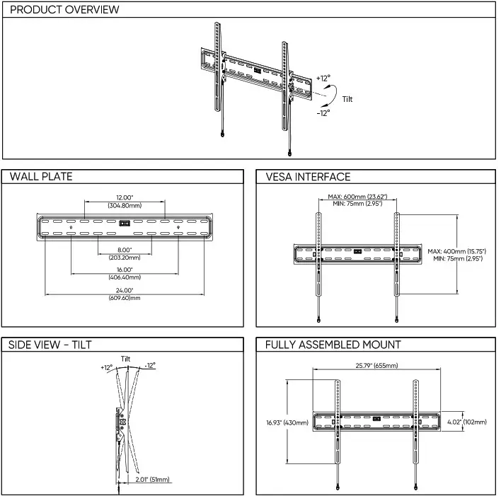 Onn 50-86 Tilting TV Wall Mount - Dimensions