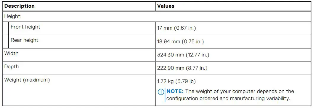 DELL Inspiron 5406 2-in-1 - Dimensions and weight