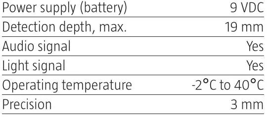 MEEC TOOLS 010986 Stud Detector Instruction Manual - Technical Data