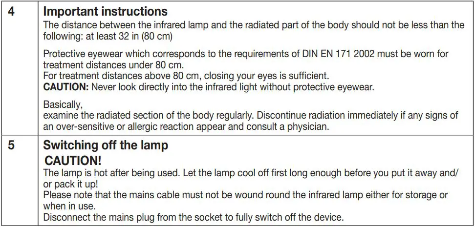 beurer Infared Lamp Instructions - Operation
