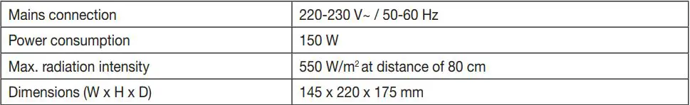 beurer Infared Lamp Instructions - Technical specifications