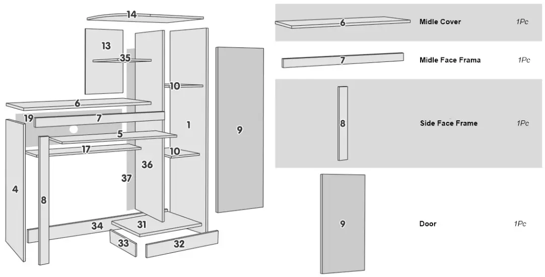 JCM Office Furniture Desks and Tables - part list