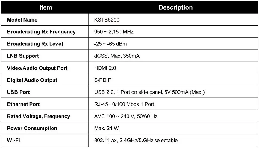 KAON KSTB 6200 IP Set Top Box Installation Guide - Specifications