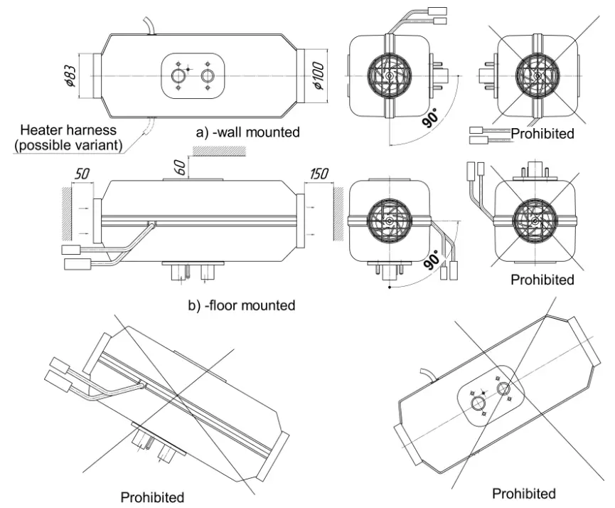Variants of installation of a heater