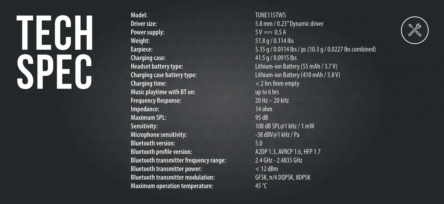 JBL Tune 115 TWS Headphone - tech spec