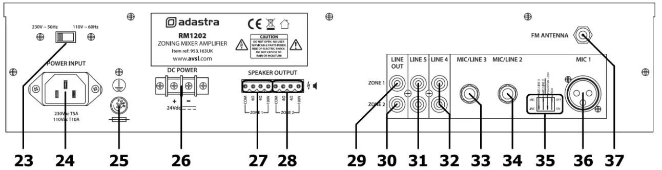 adastra RM1202 Rackmount 2 Zone Mixer Amplifier - Rear panel