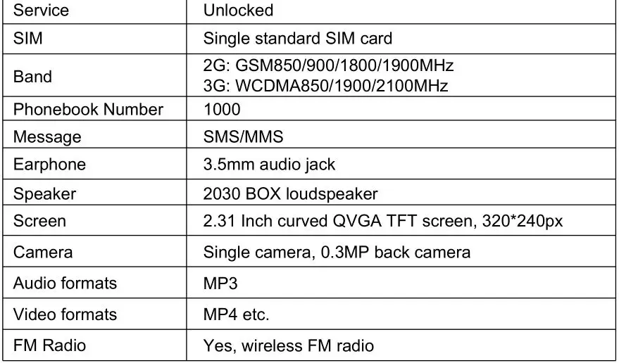 UNIWA 3G Feature Phone - The main parameters 2