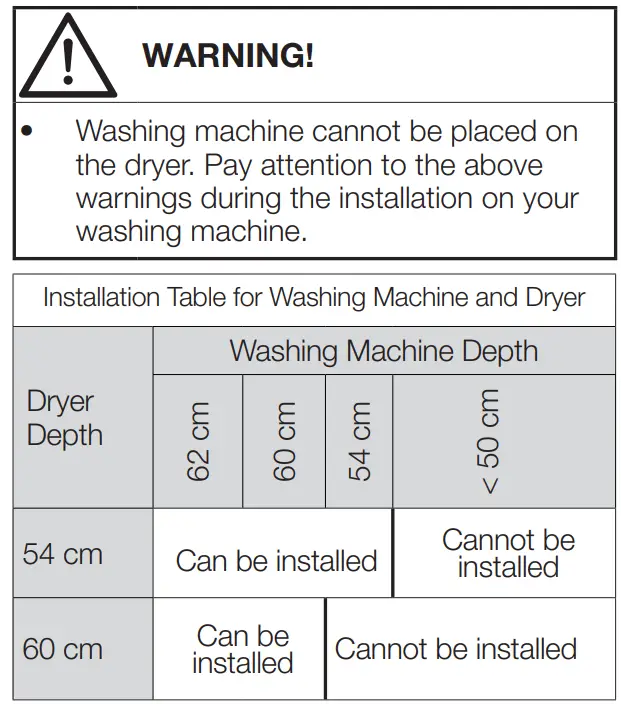 beko DU9149SX0W Tumble Dryer User Manual - Mounting over a washing machine