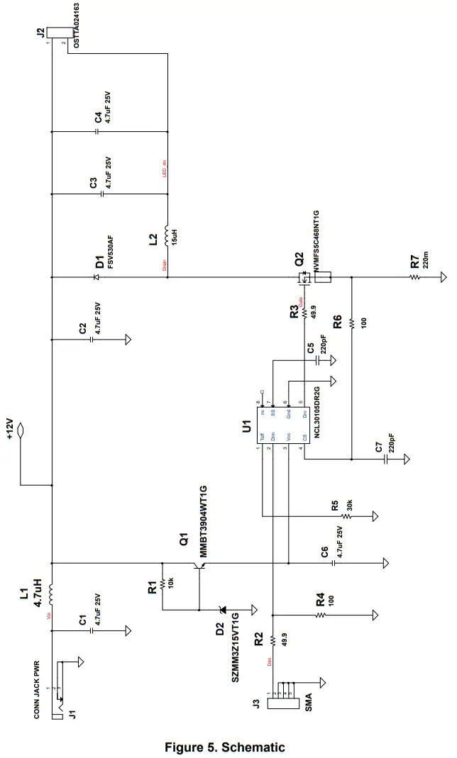 ON Semiconductor NCL30105G1EVB VCSEL Driver with Buck PWM Controller Evaluation Board - Schematic