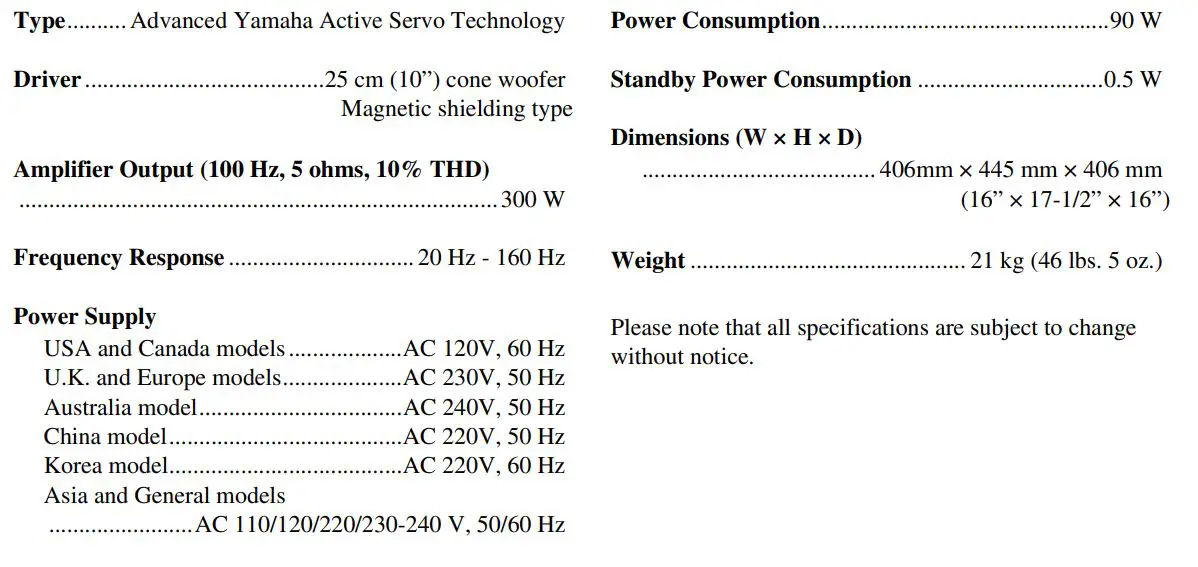 YAMAHA NS-SW700 Subwoofer Owner’s Manual - SPECIFICATIONS
