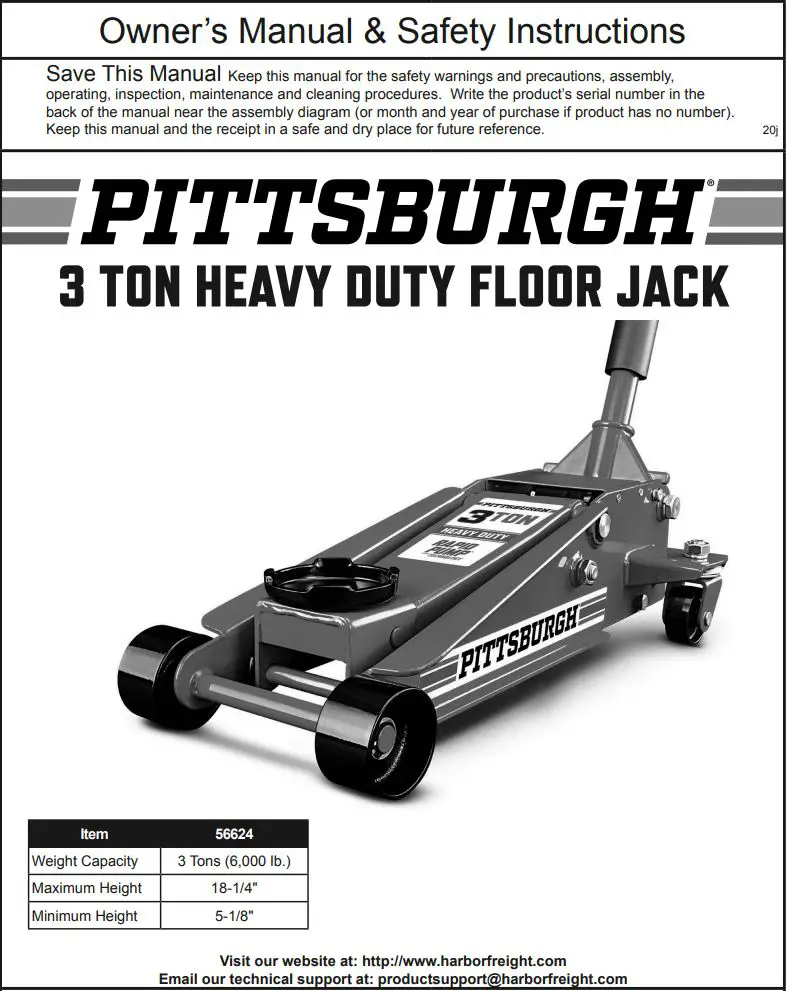HARBOR FREIGHT 56624 Pittsburgh 3 Ton Heavy Duty Floor Jack Owner's Manual