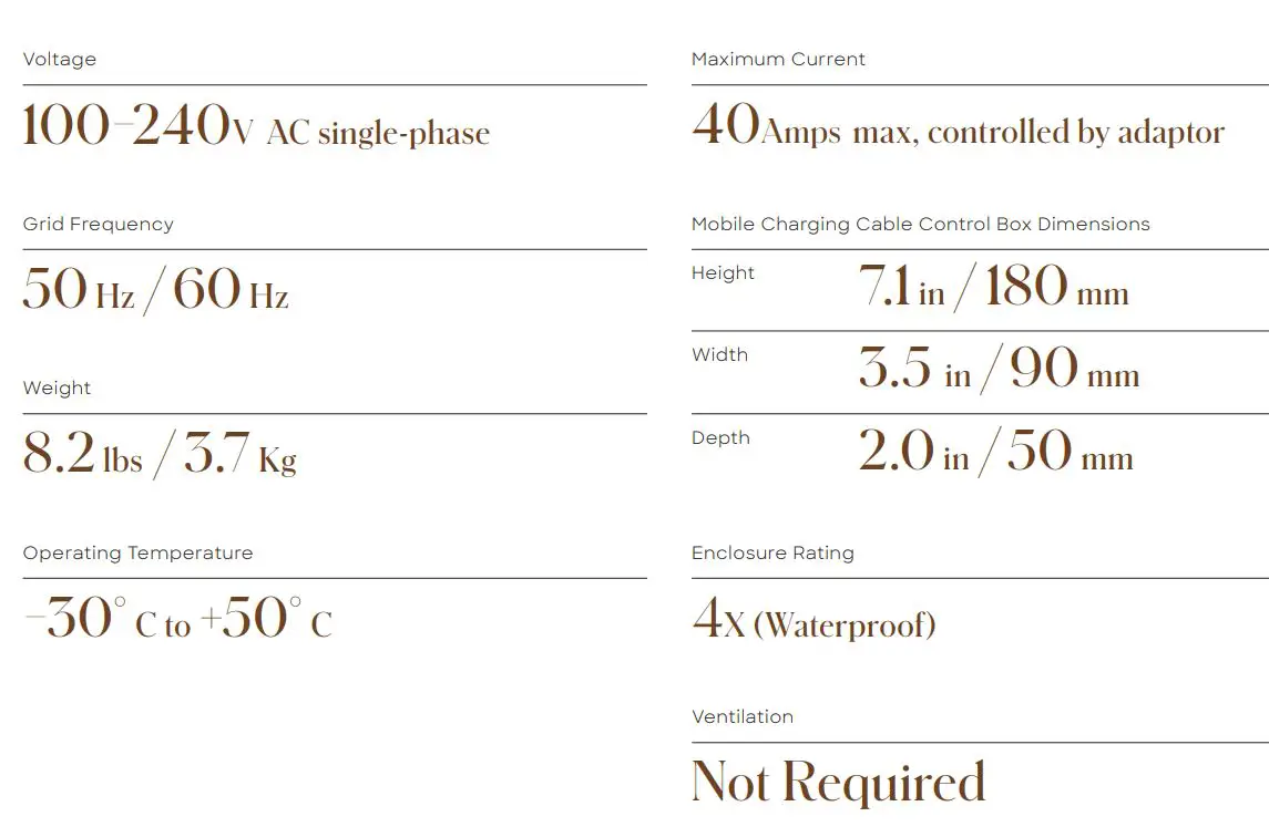 LUCID V1 Mobile Charging Cable Owner's Manual - Specifications Reference