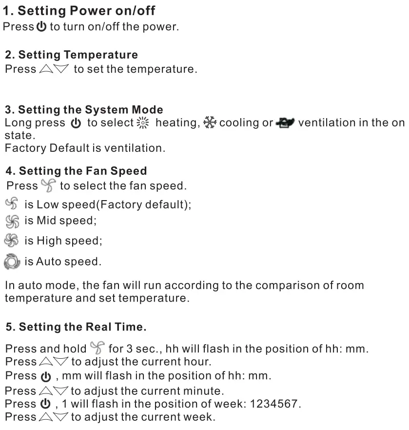 BEOK TGP51WIFI-AC Fan Coil Thermostat Instruction Manual - Thermostat Operation Instruction