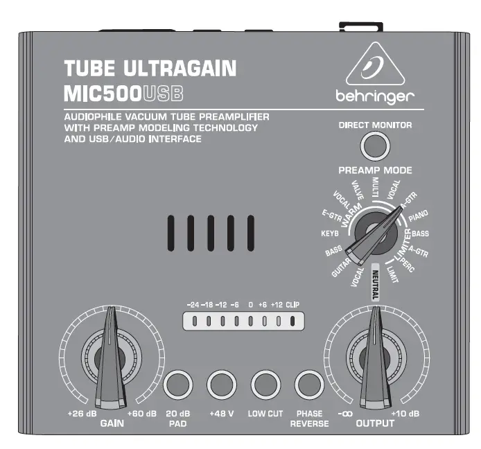 behringer MIC500USB TUBE ULTRAGAIN Audiophile Vacuum Tube Preamplifier with Preamp