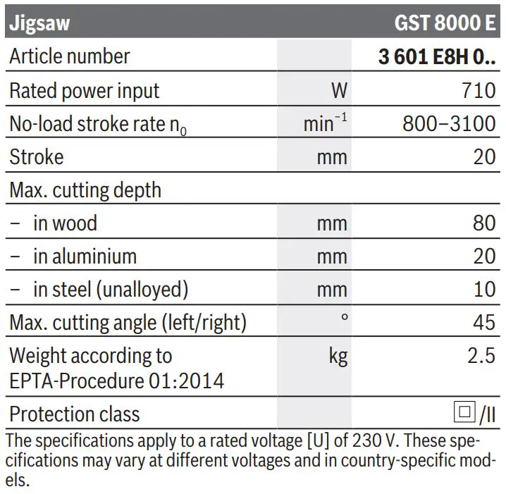 BOSCH GST 8000 E Professional Electric Jig Saw Instruction Manual - Technical Data