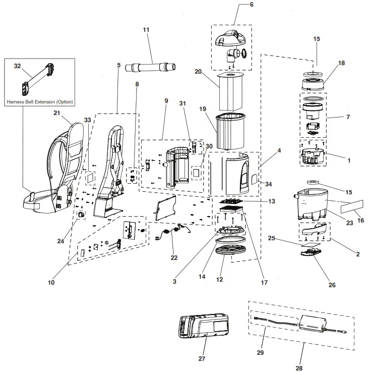 TENNANT V-BP-6B Commercial 36v Battery Backpack Vacuum Cleaner - PARTS LIST