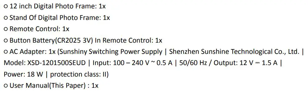 Rollei DPF-120 Pissarro Digital Photo Frame User Guide - Accessories in package