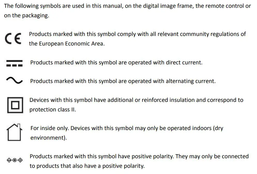 Rollei DPF-120 Pissarro Digital Photo Frame User Guide - Explanation of Symbols