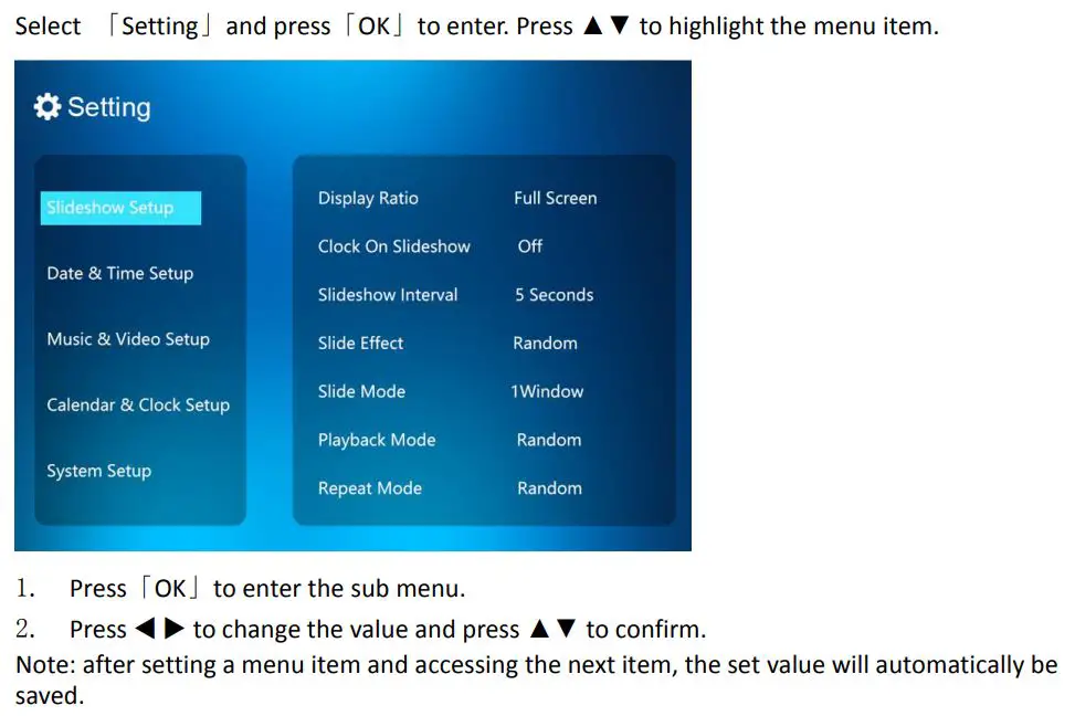 Rollei DPF-120 Pissarro Digital Photo Frame User Guide - Setting