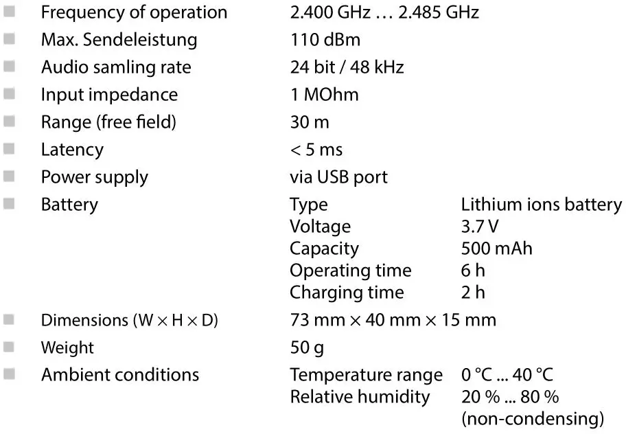 Thomann AirBorne Wi-2.4-GHz Instrument - Transmitter specifications